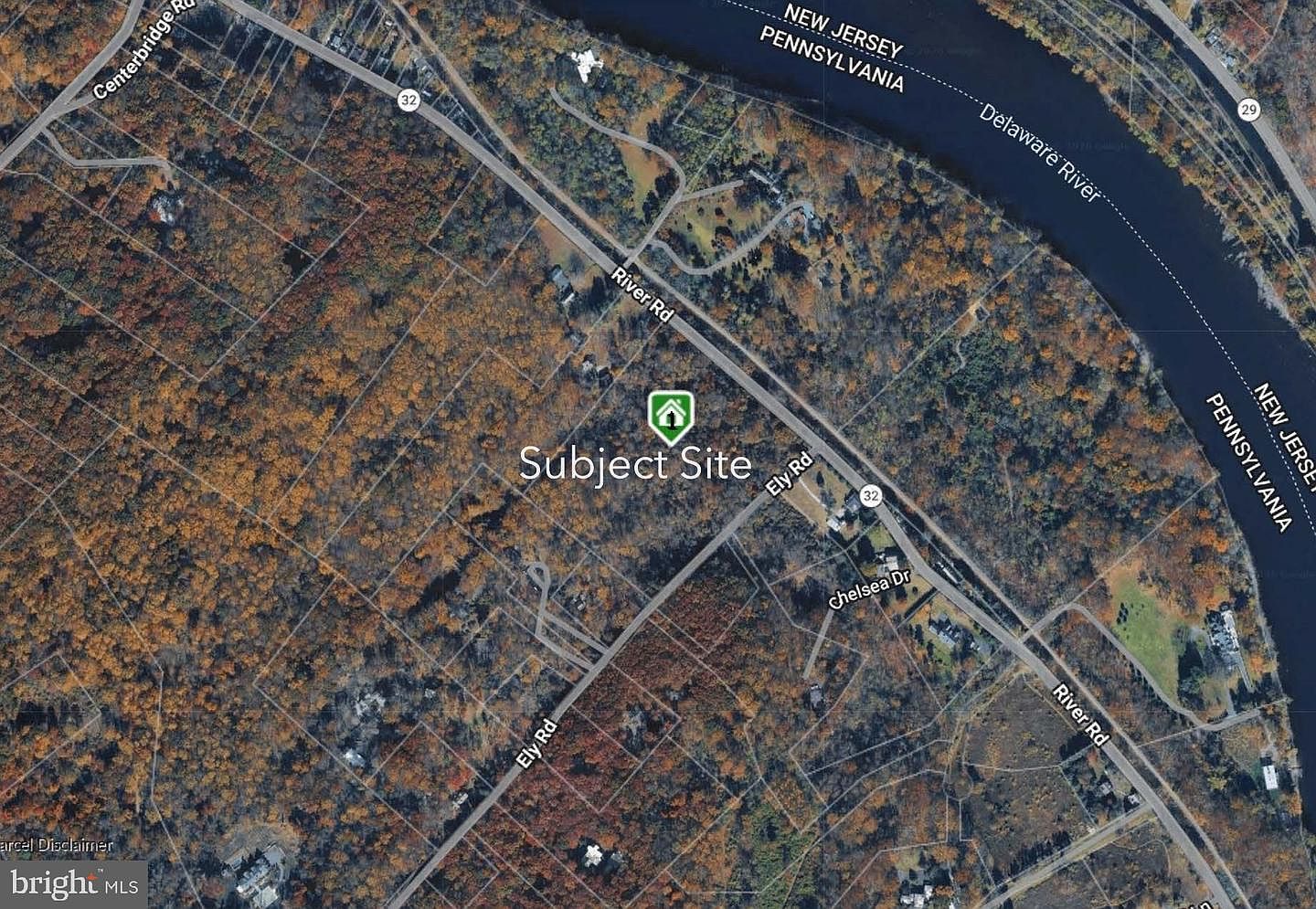 Aerial site map showing the 15-acre subject parcel on River Road, bordered by woodland and a short walk from the Delaware River